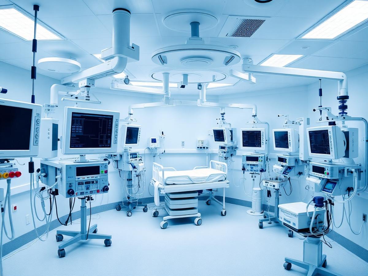 Intensive care unit with monitors and ventilator support